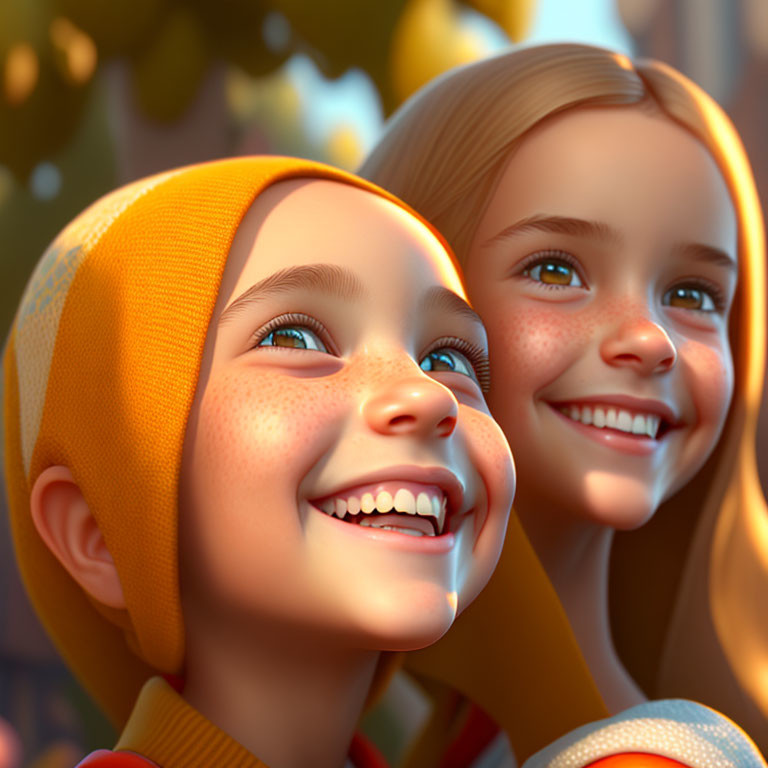 Radiant Smiling Children Gazing Upwards in Warm Light