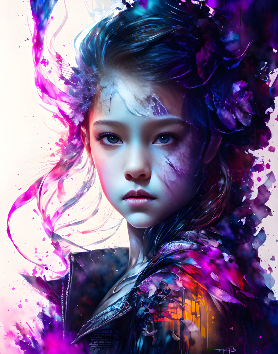 Young girl digital artwork with mystical aura and vibrant colors.