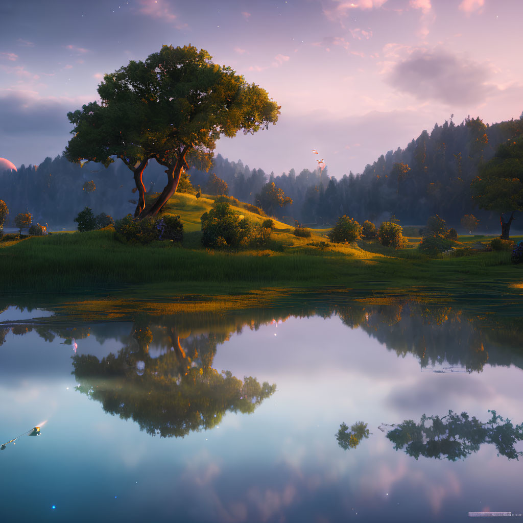 Tranquil dusk landscape with large reflecting tree by calm lake