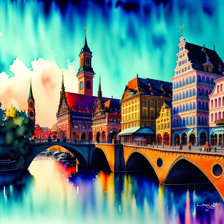 European town painting with bridge, colorful buildings, and river reflection