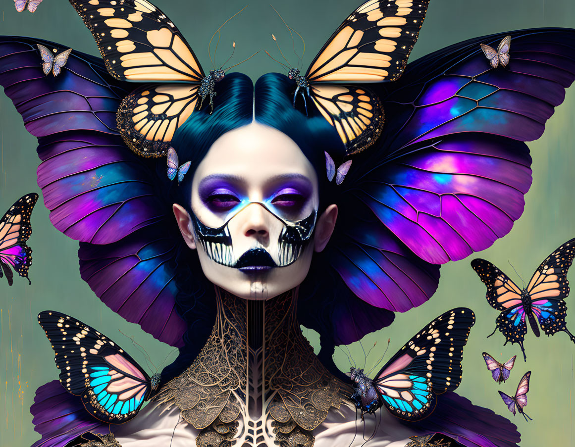 Person with Blue and Purple Butterfly Wings and Butterflies in Surreal Portrait