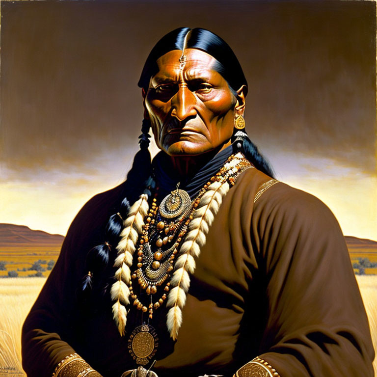 Native American man in traditional attire against plains backdrop