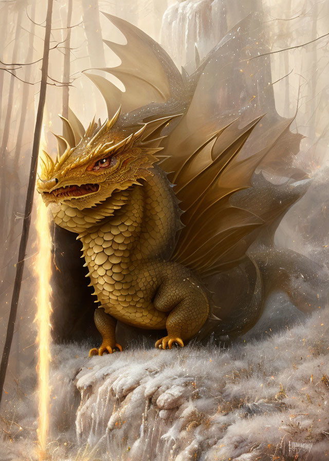 Golden dragon with intricate scales in misty forest landscape