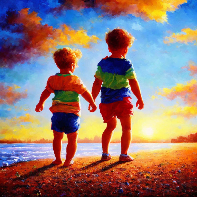 Children holding hands at sunset on beach with warm clouds and glistening water.