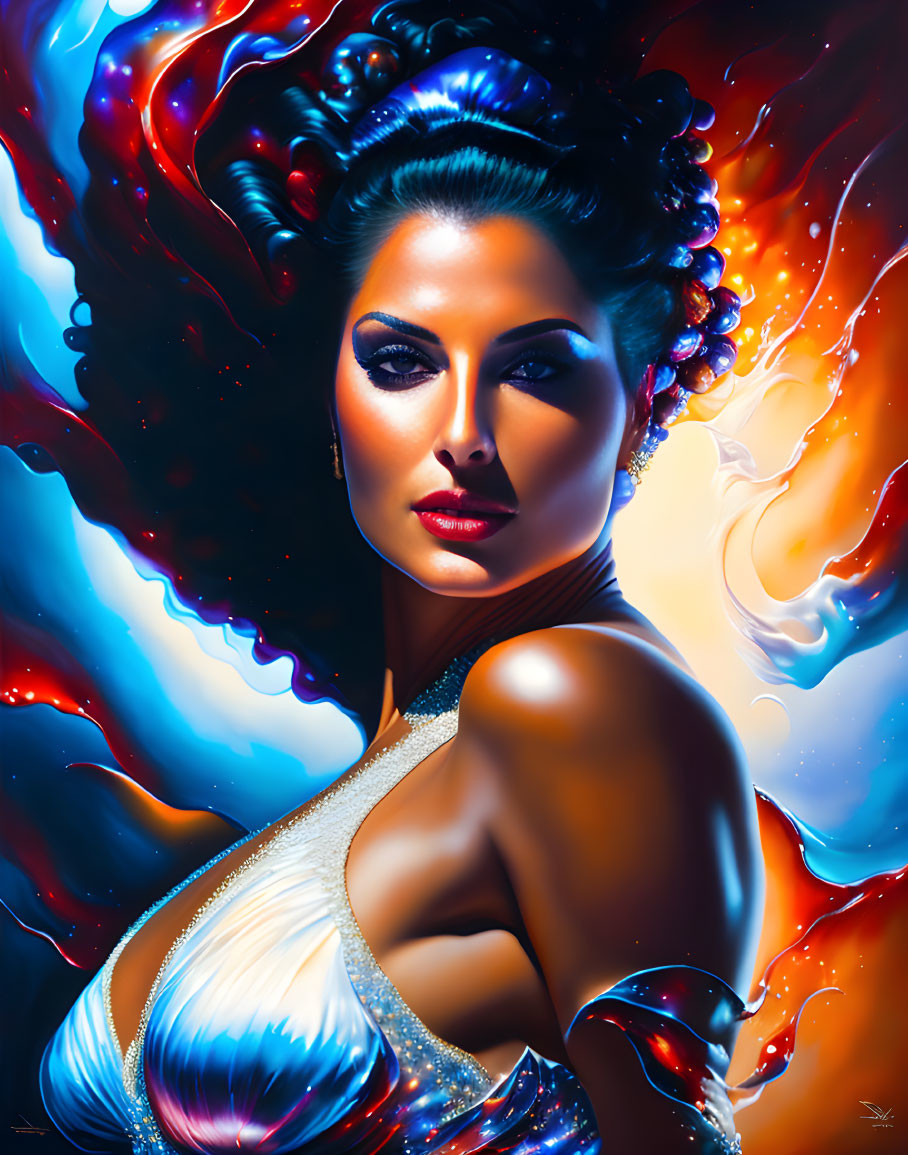 Colorful portrait of woman with flowing red and blue hair.