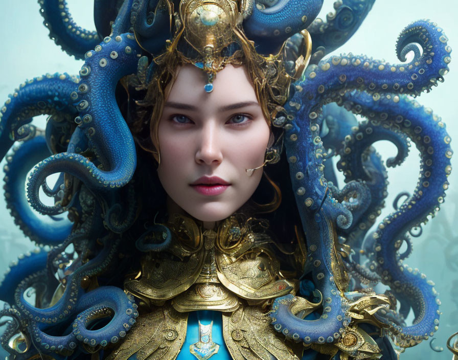 Intricate portrait of woman with octopus headgear in blue and gold