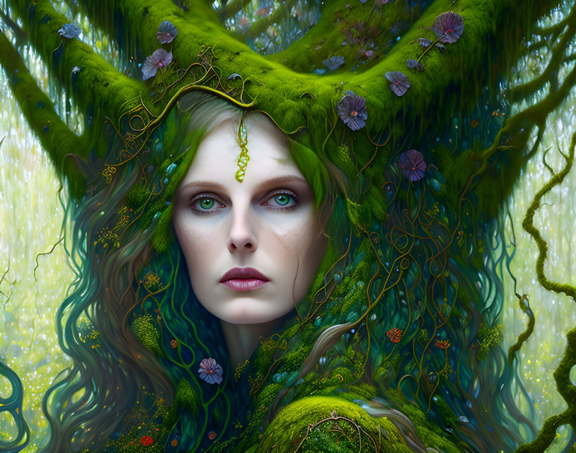 Woman adorned with greenery in mystical forest setting