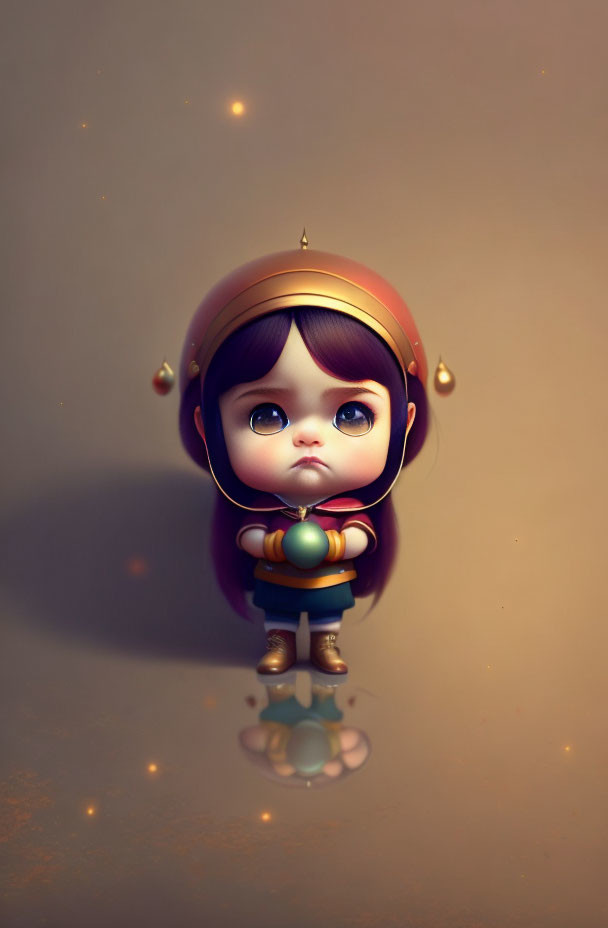 Illustrated character with oversized sad eyes in helmet and boots holding toy with sparkles and reflection.