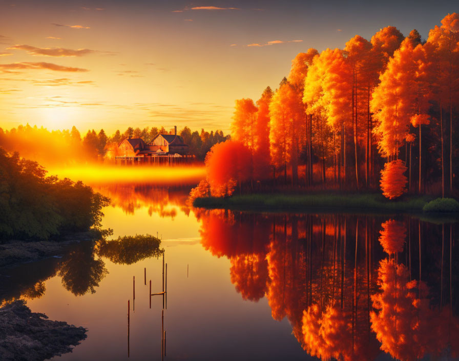 Autumnal forest and house by tranquil lake at sunset