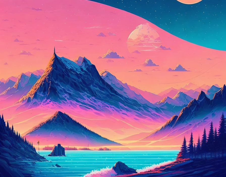 Surreal landscape with pink moon, purple mountains, serene lake