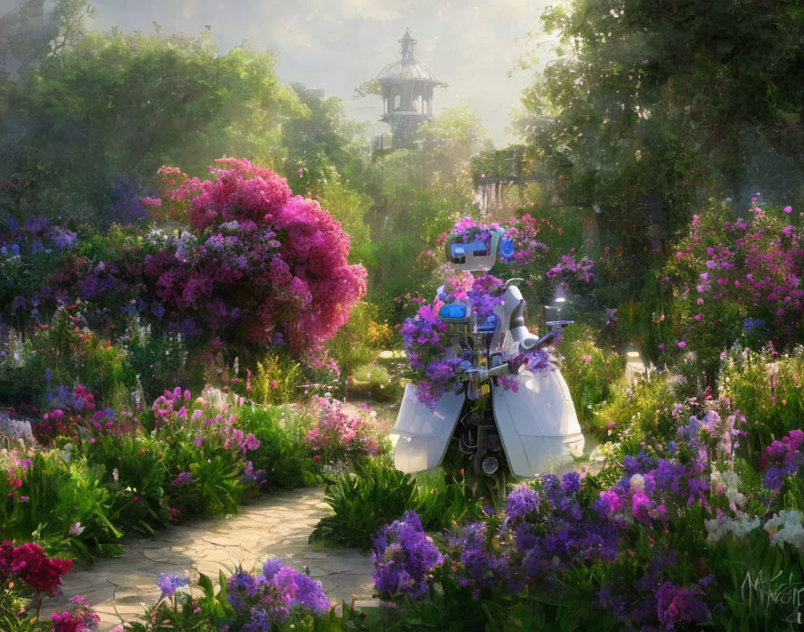 Vibrant flower garden with whimsical robot and gazebo