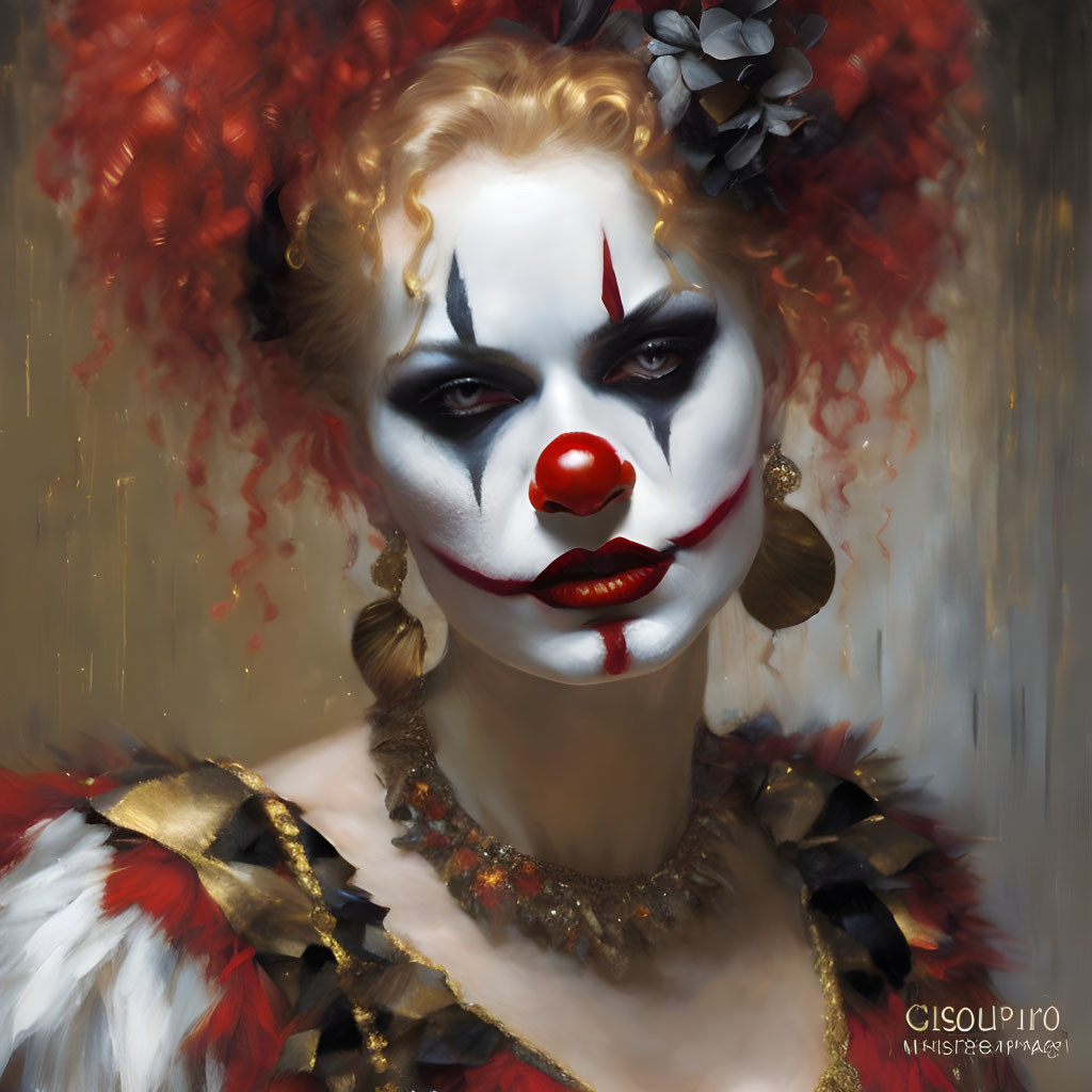 Portrait of a person with dramatic clown makeup and red nose, white face, black and red accents,