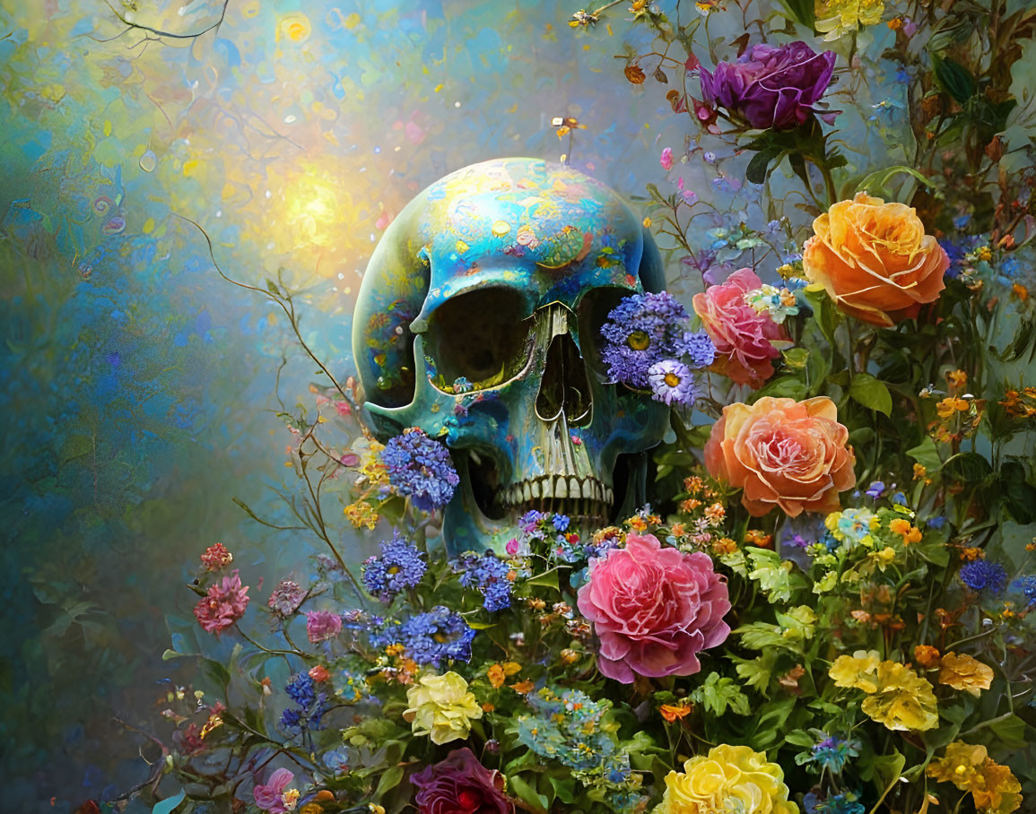 Colorful Skull Artwork Surrounded by Flowers and Mystical Background