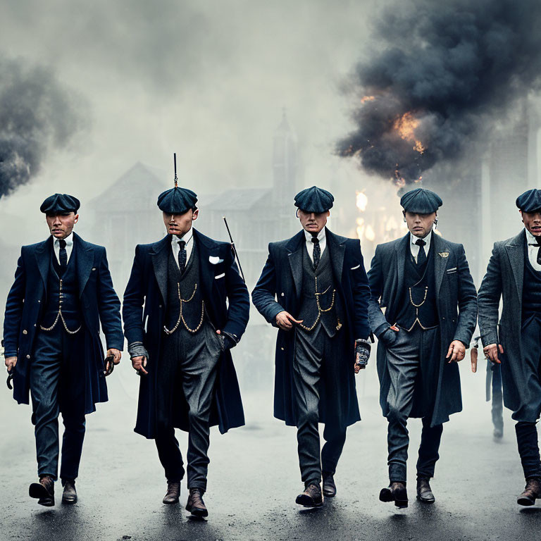 Vintage-suited men walking amid industrial backdrop.