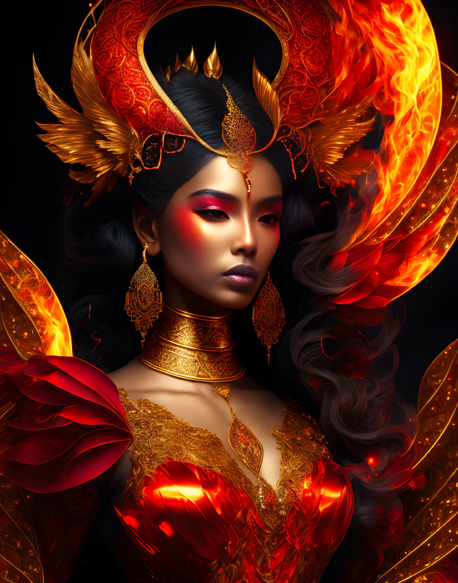 Digital artwork: Woman in red and gold attire with Phoenix-themed details