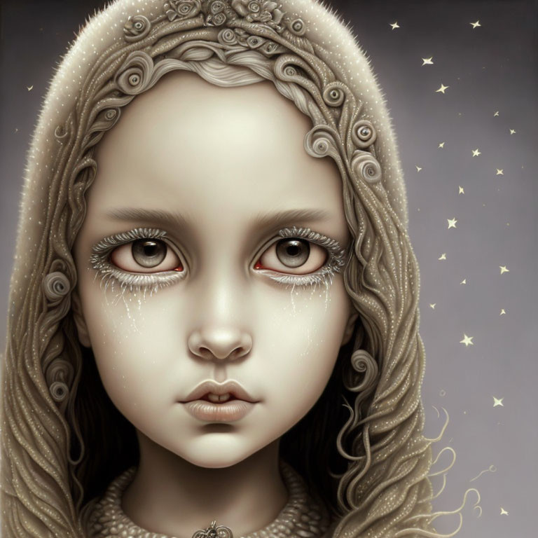 Surreal portrait of young girl with expressive eyes and intricate seashell hair detail