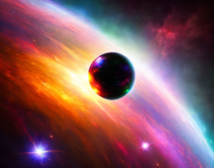 Colorful Nebula Streaming Past Planet in Space Scene