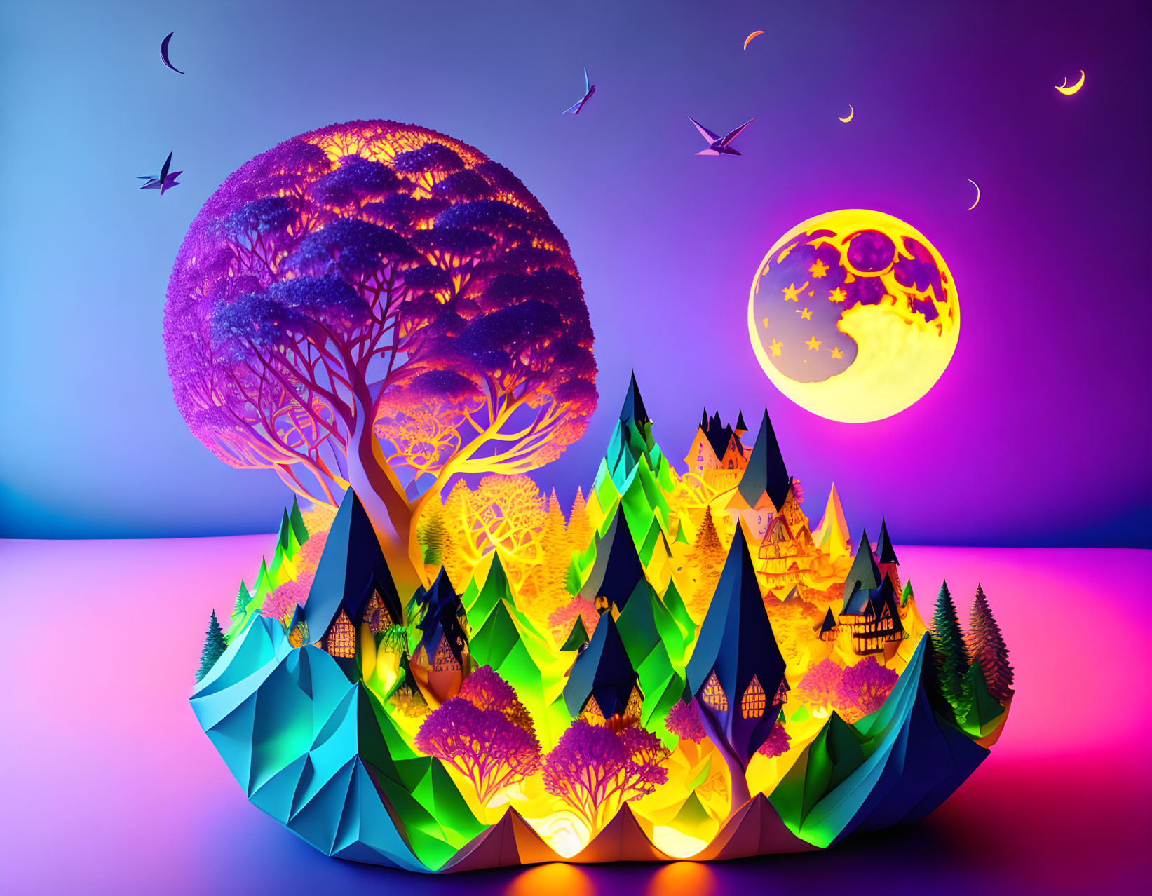 Colorful geometric landscape with trees, mountains, castles under purple sky