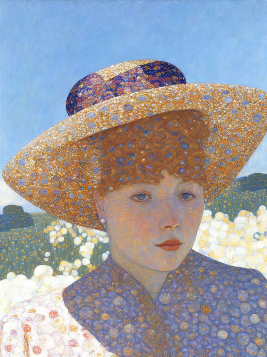 Portrait of Woman with Alabaster Skin and Reddish Hair in Wide-Brimmed Hat with Golden