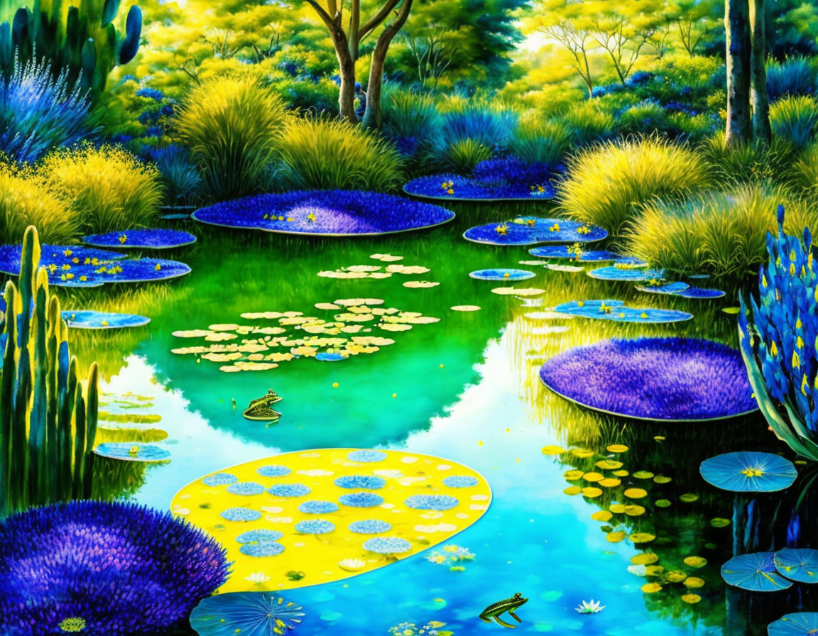 Colorful Fantasy Garden with Neon Hues and Reflective Ponds