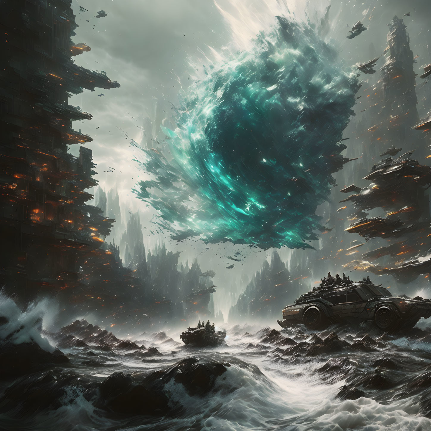 Fantastical landscape with turbulent seas, vehicle on rock, cosmic portal, floating rocks