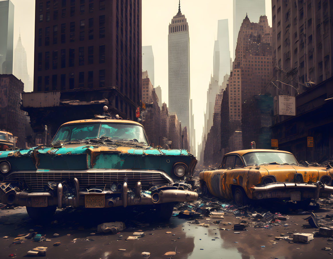 Deserted urban landscape with vintage cars among debris and skyscrapers