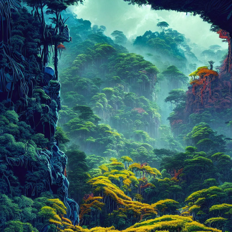 Lush Green Jungle with Towering Trees and Misty Atmosphere