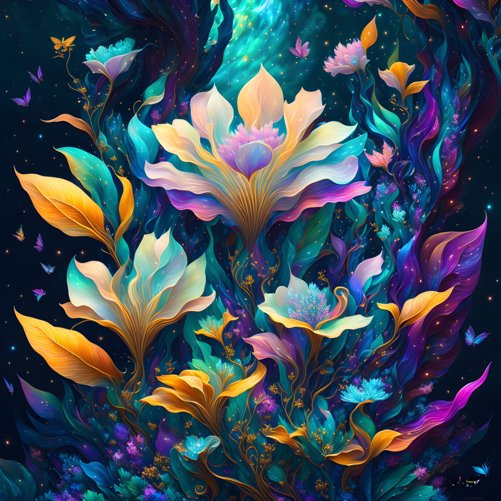 Fantastical digital artwork: Vibrant flowers and leaves in blue, purple, gold, and pink