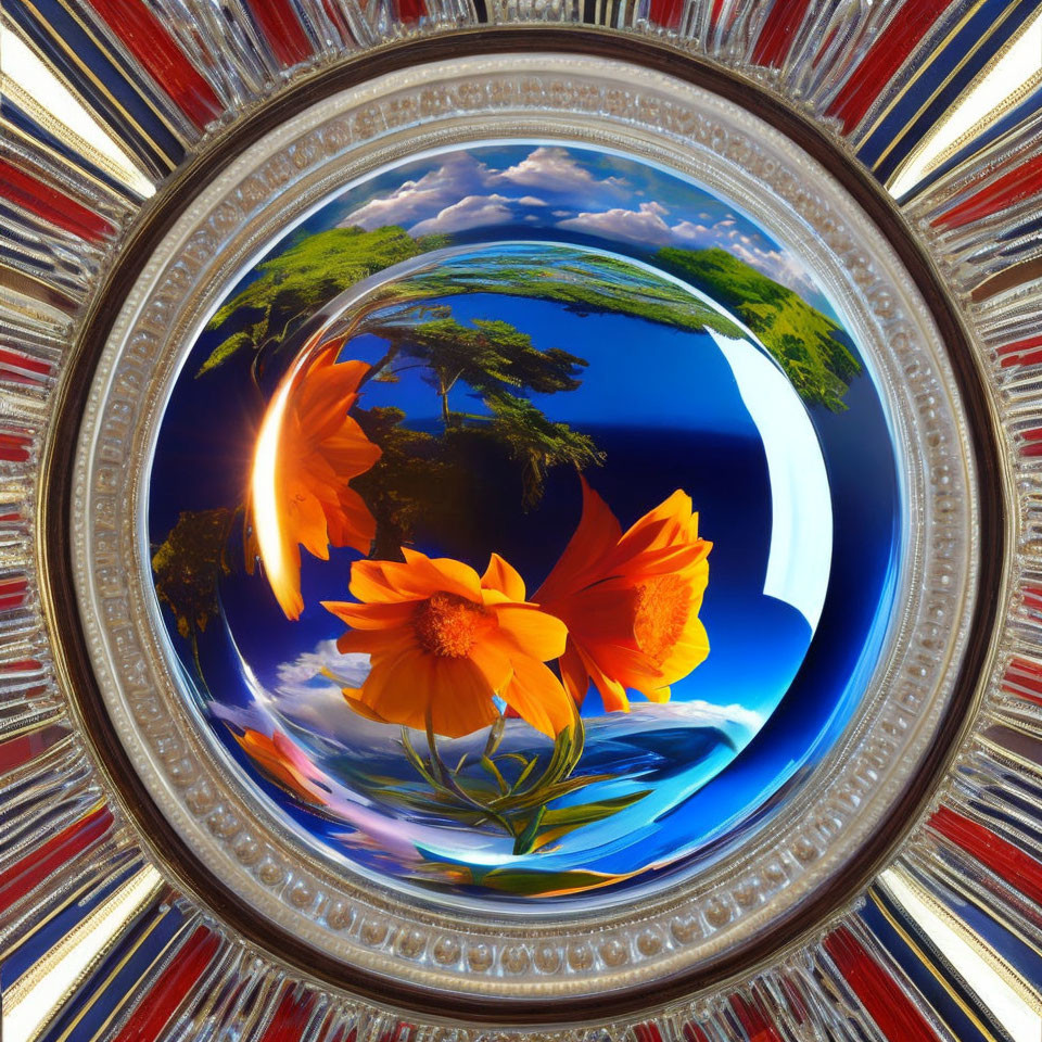 Digital artwork of orange flowers and greenery in cosmic globe under ornate oval frame