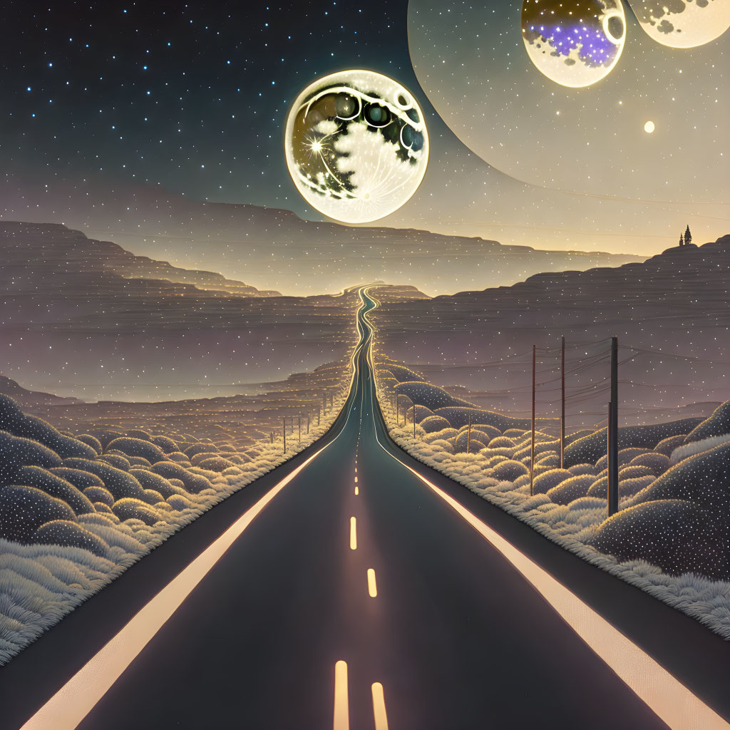 Snow-covered hills under starlit sky with oversized moons in surreal landscape