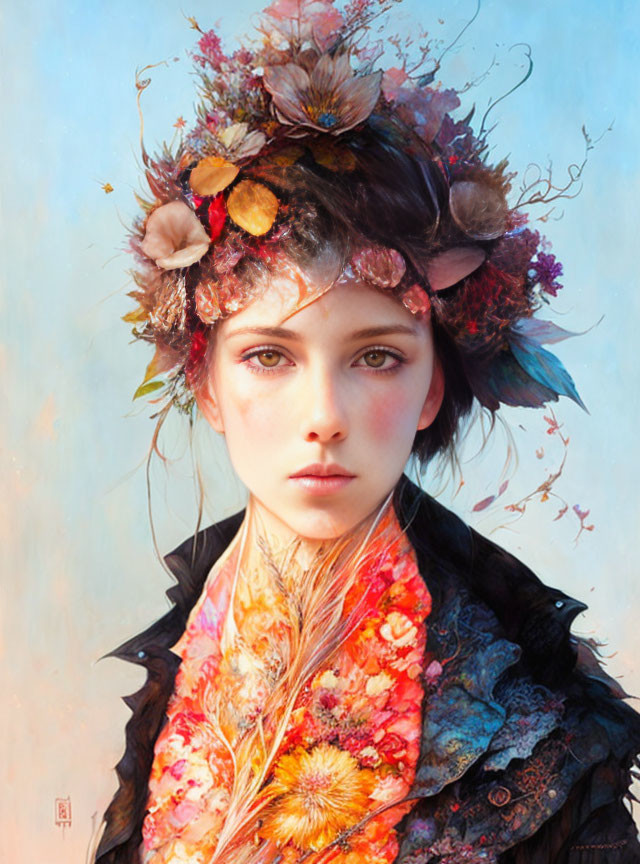 Digital portrait of woman with autumn floral headpiece and vibrant flowers on collar.