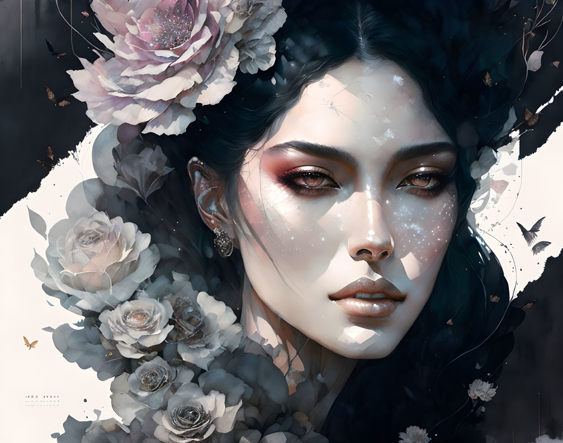 Ethereal woman's face with flowers and butterflies in muted colors