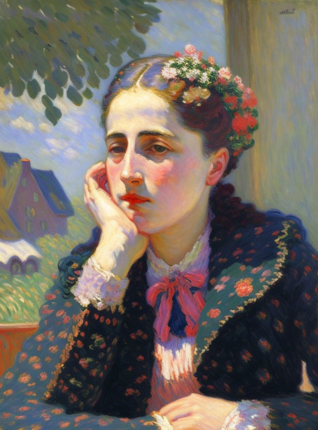 Portrait of a woman with floral wreath, chin on hand, against blue sky and greenery