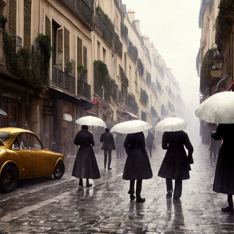 Four individuals with white umbrellas walking on wet street in old city with classic yellow car and misty