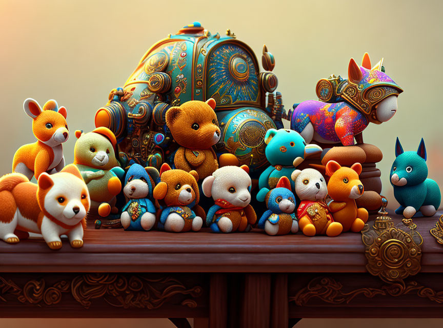 Colorful Animal Figurines and Ornate Egg Displayed on Wooden Surface