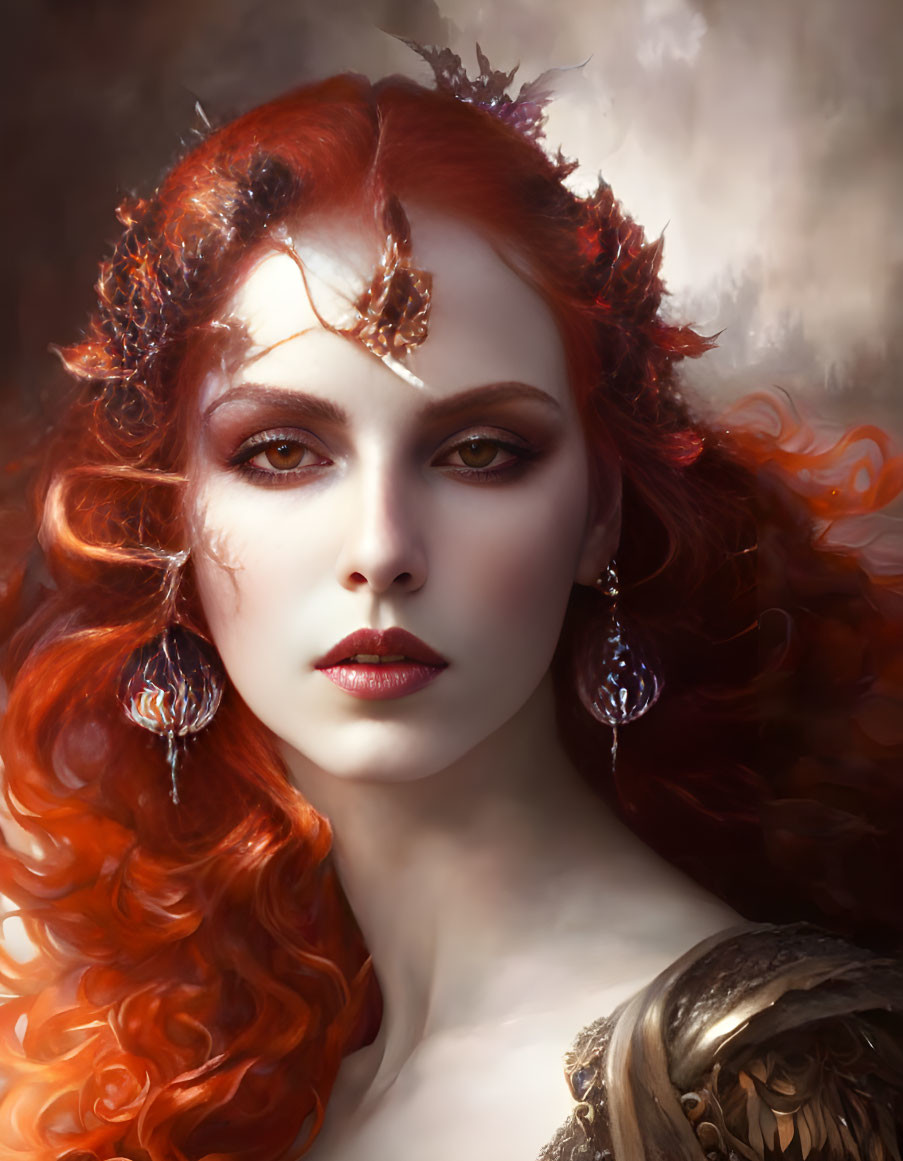 Portrait of Woman with Flowing Red Hair and Crown-like Headpiece