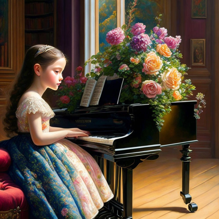 Young girl playing grand piano in sunlit room with tiara and flowers