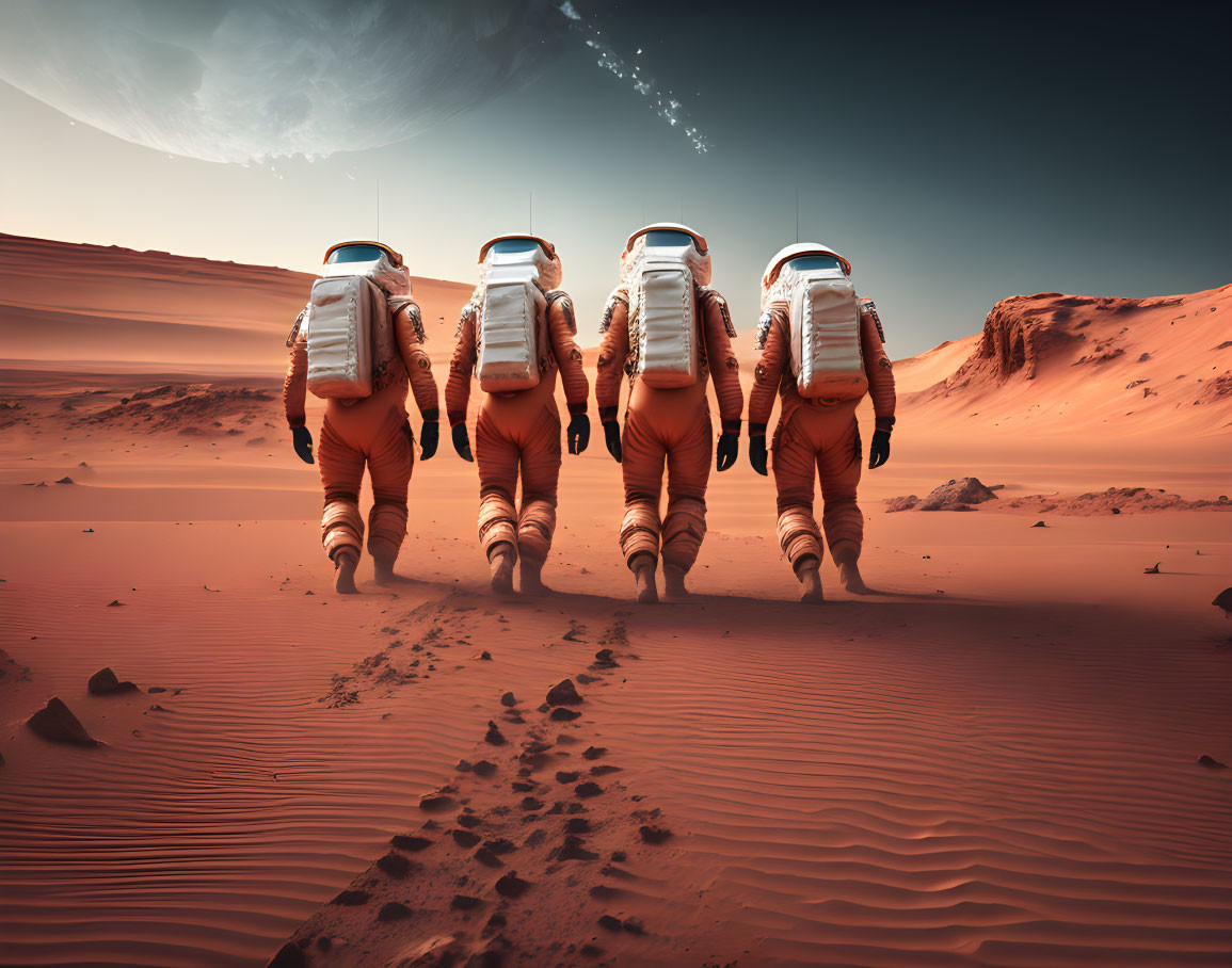 Astronauts in spacesuits walking on Mars-like desert with planet in sky