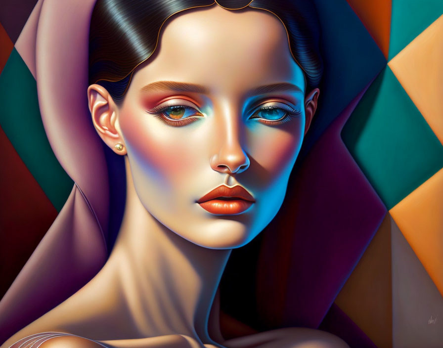 Colorful geometric background with a stylized woman and vibrant makeup