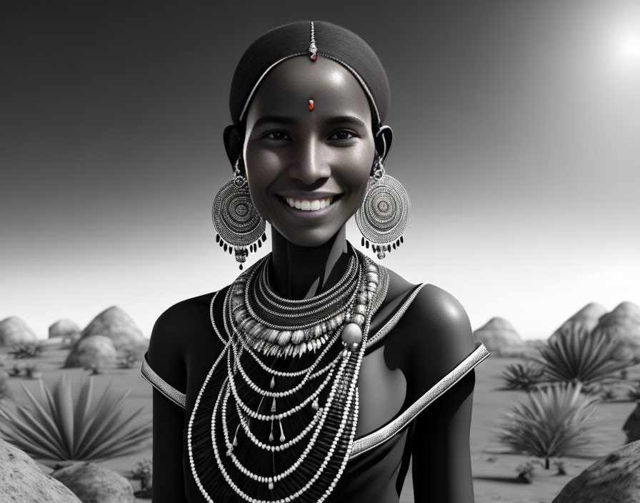 Smiling woman with earrings and necklaces in grayscale desert landscape