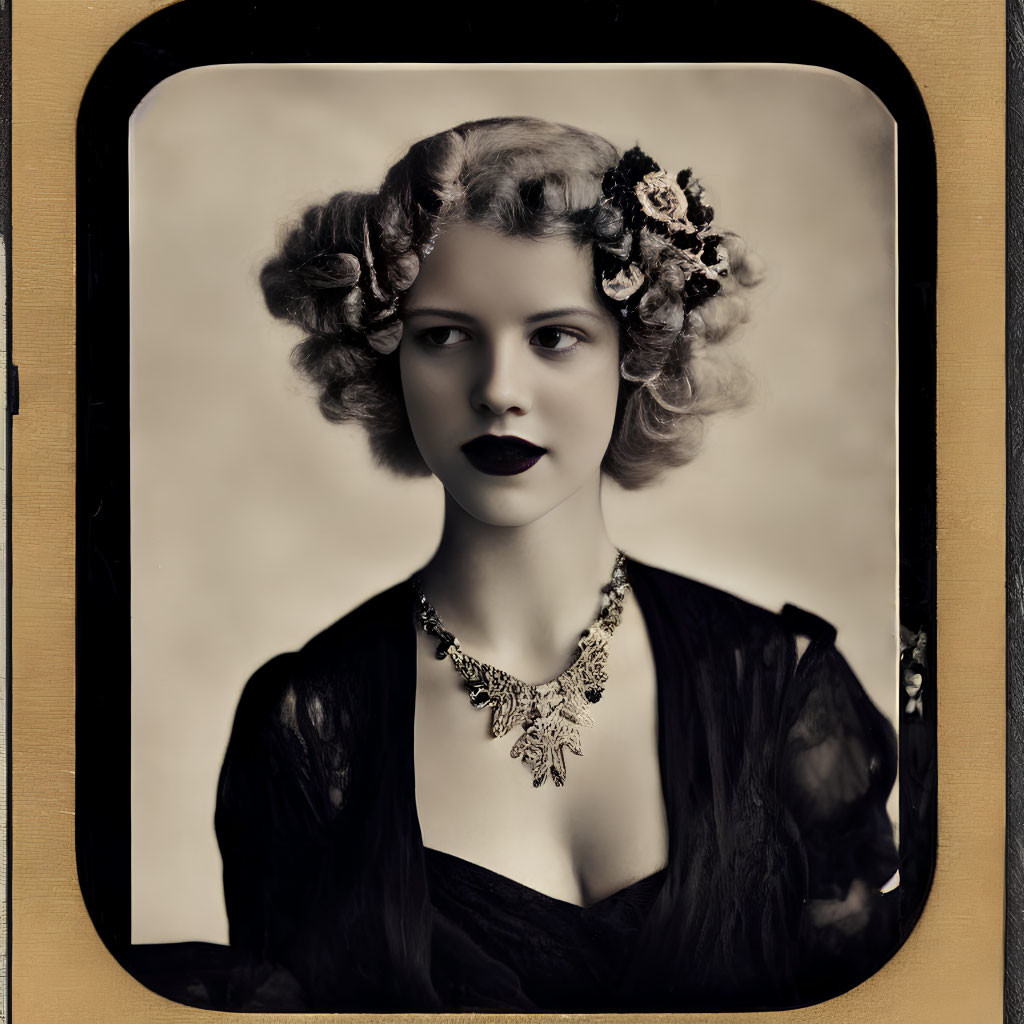 Portrait of woman with flower-adorned hair and ornate necklace in vintage style