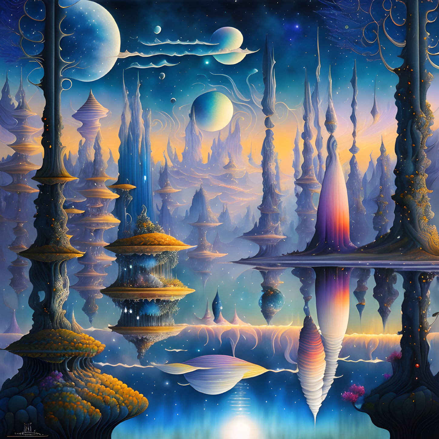 Vibrant spire-like trees in a fantastical landscape under multiple moons