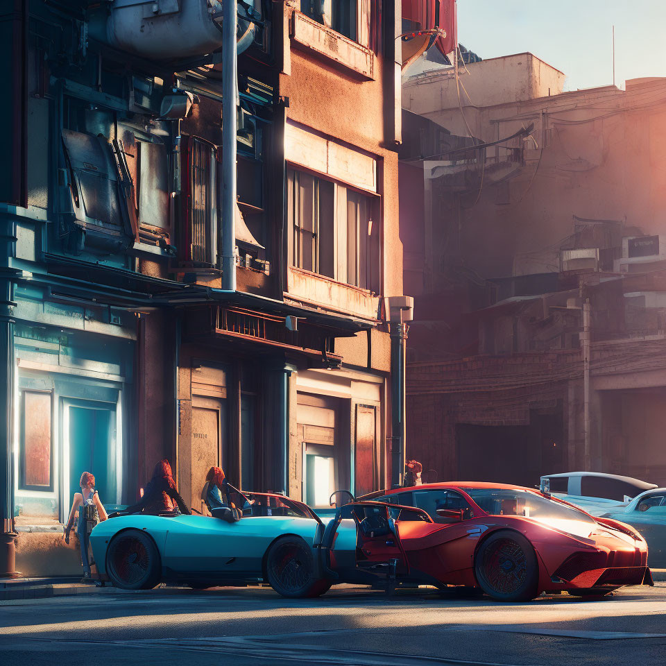 City street scene at sunset with individuals, sports car, and glowing shop windows