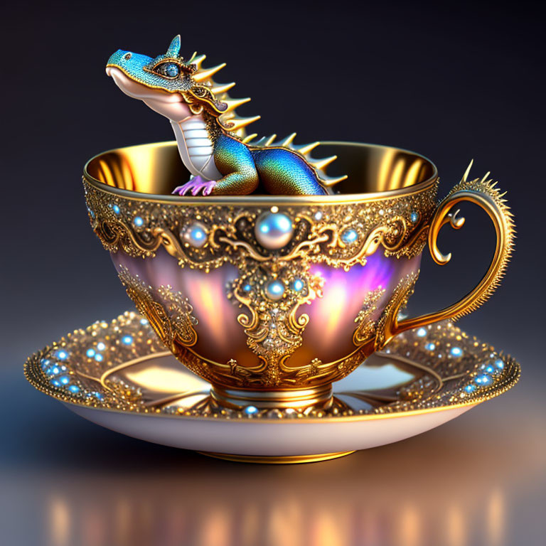 Miniature blue and gold dragon in ornate golden teacup with pearls and intricate patterns