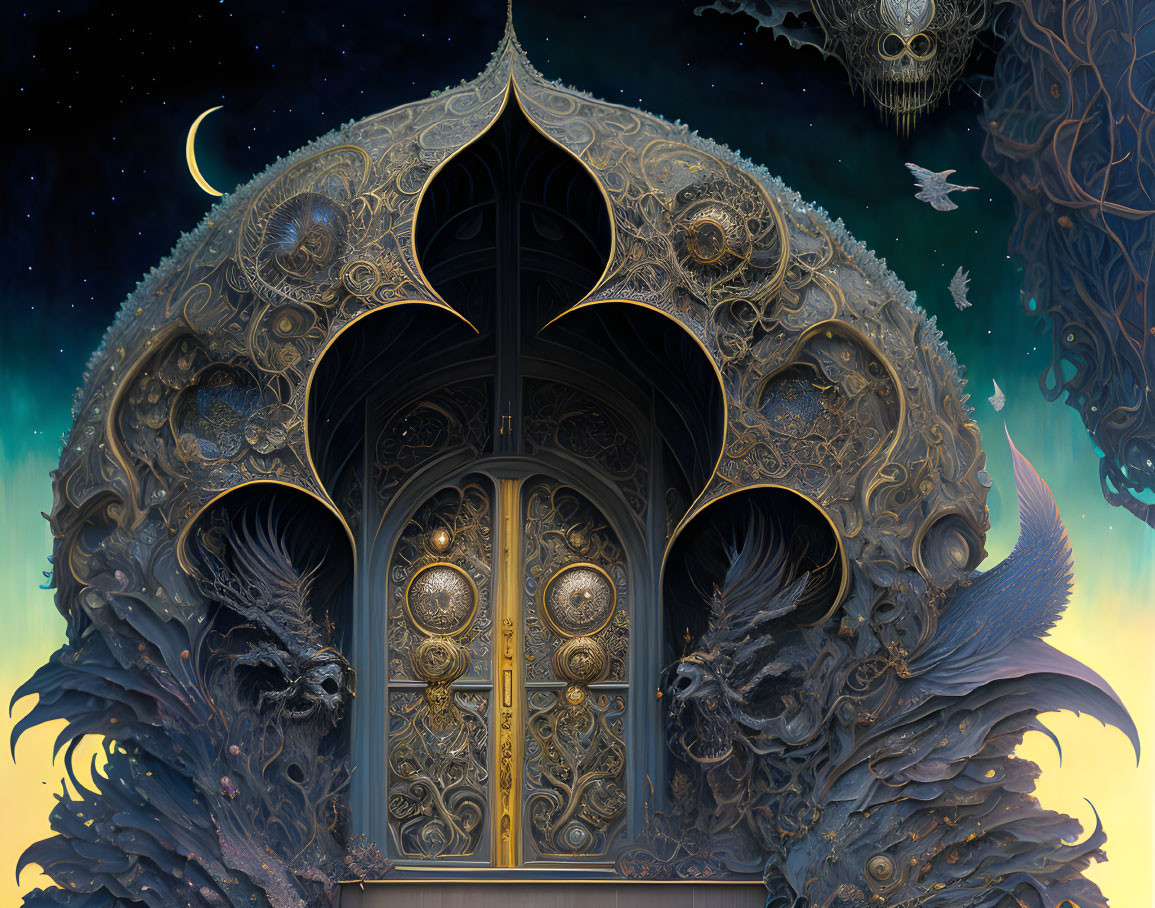 Elaborate celestial-themed metalwork on ornate doorway