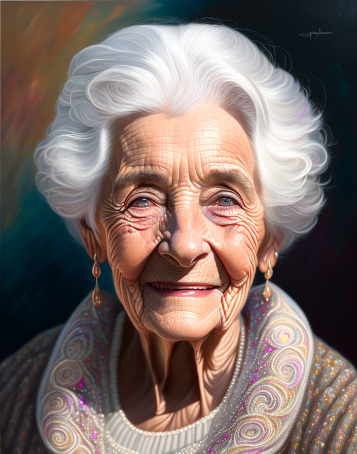 Elderly woman portrait with white hair and warm smile in sparkly blouse