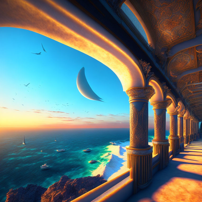 Arabian-style palace balcony with seascape, crescent moon, birds, boats, sunset