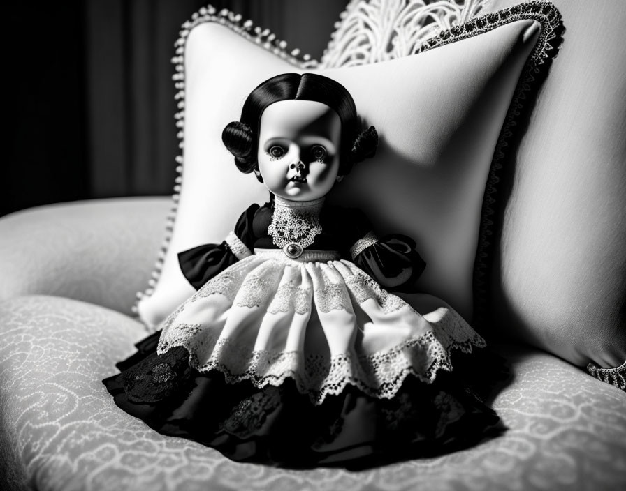 Monochrome gothic-style doll with large eyes on cushioned chair