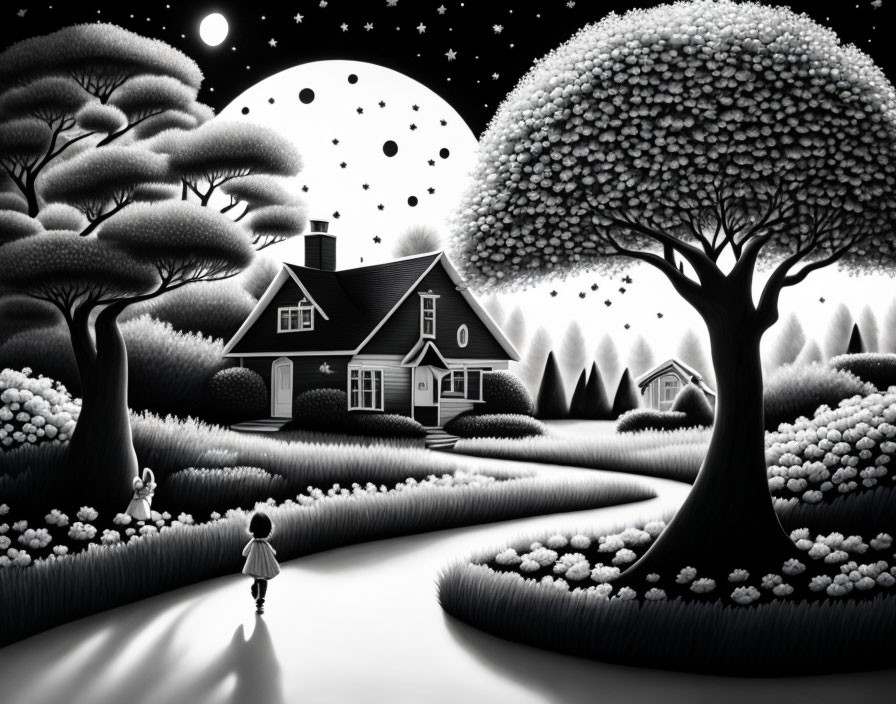 Monochrome child approaching house under starry sky