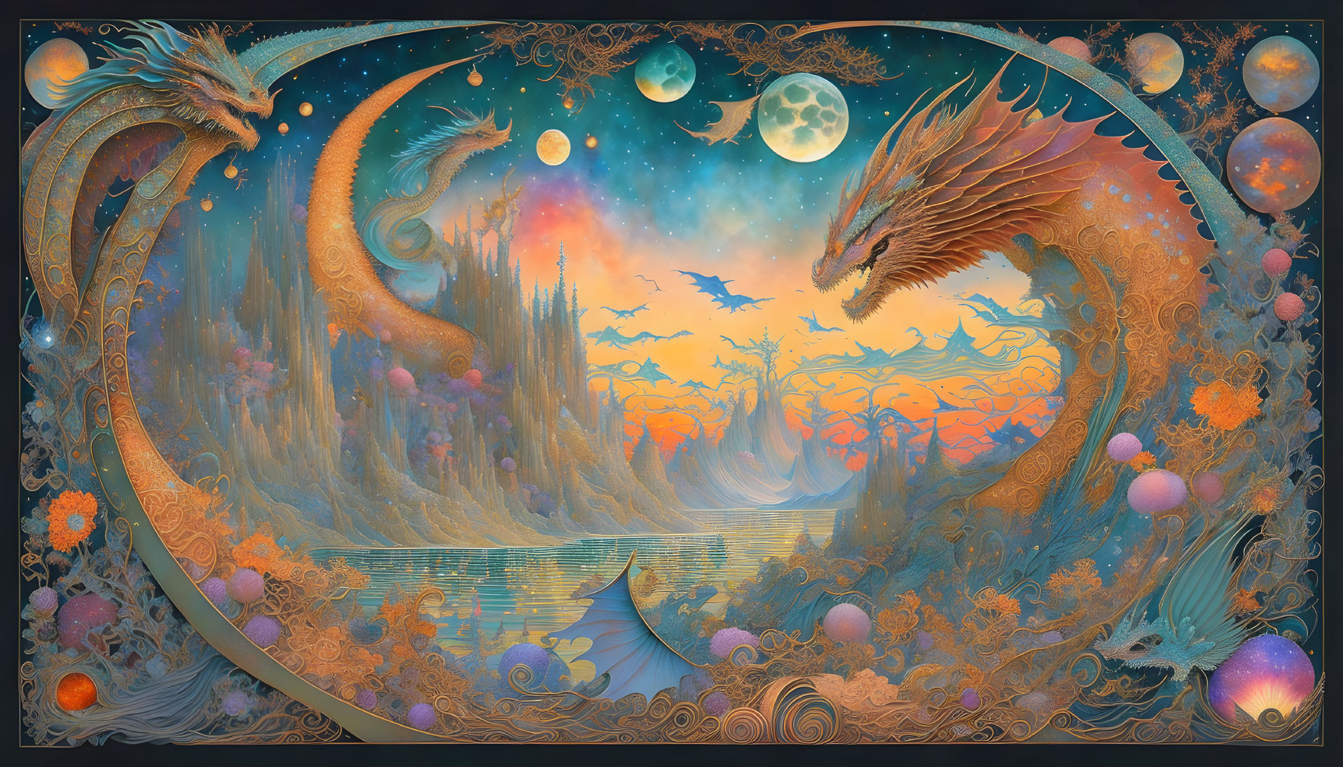 Fantasy landscape with dragons, nature elements, and celestial bodies